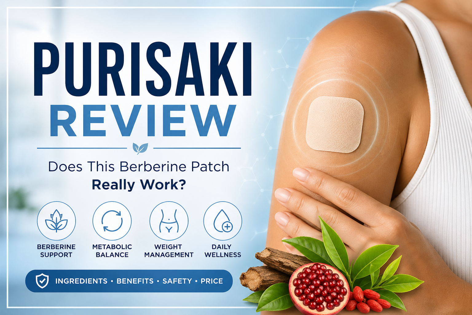 Purisaki review image showing a berberine metabolic patch applied to skin
