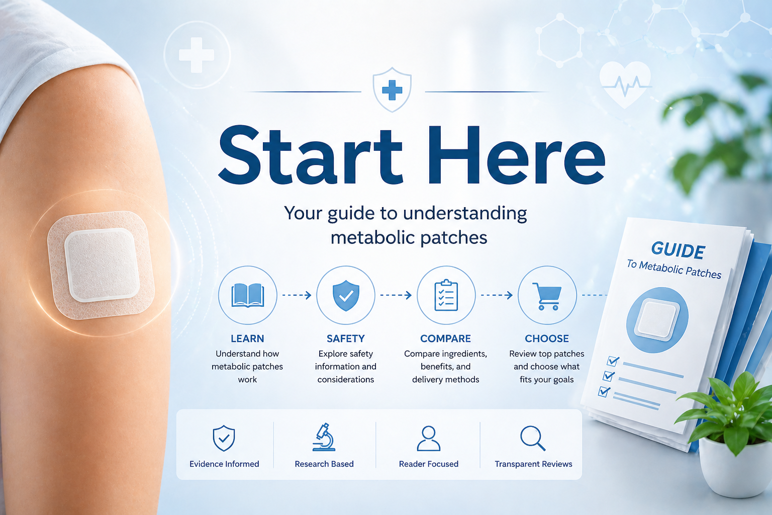 Start Here guide for metabolic patches with healthcare and patch education visuals
