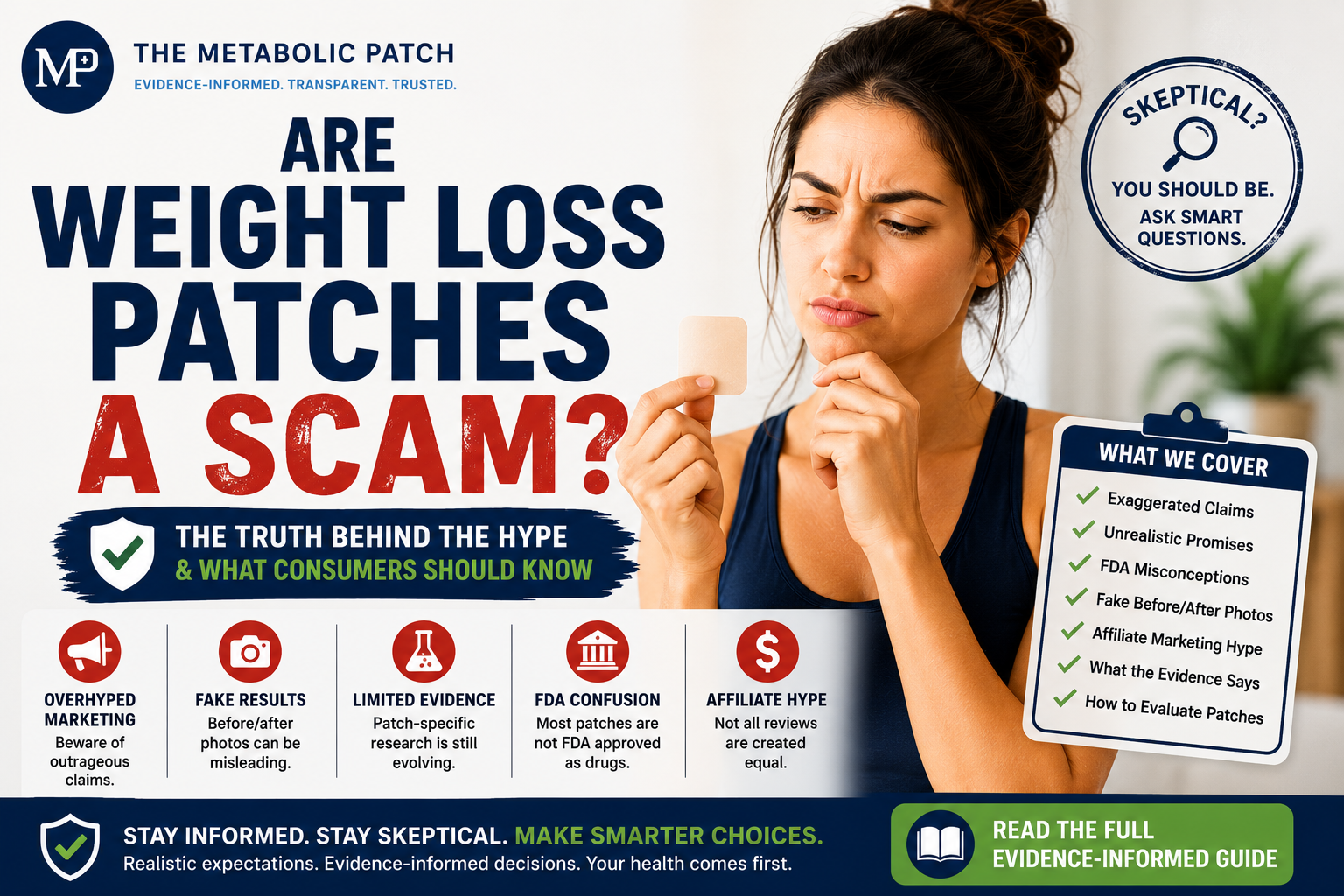 Woman questioning weight loss patch claims while reviewing wearable wellness patch information