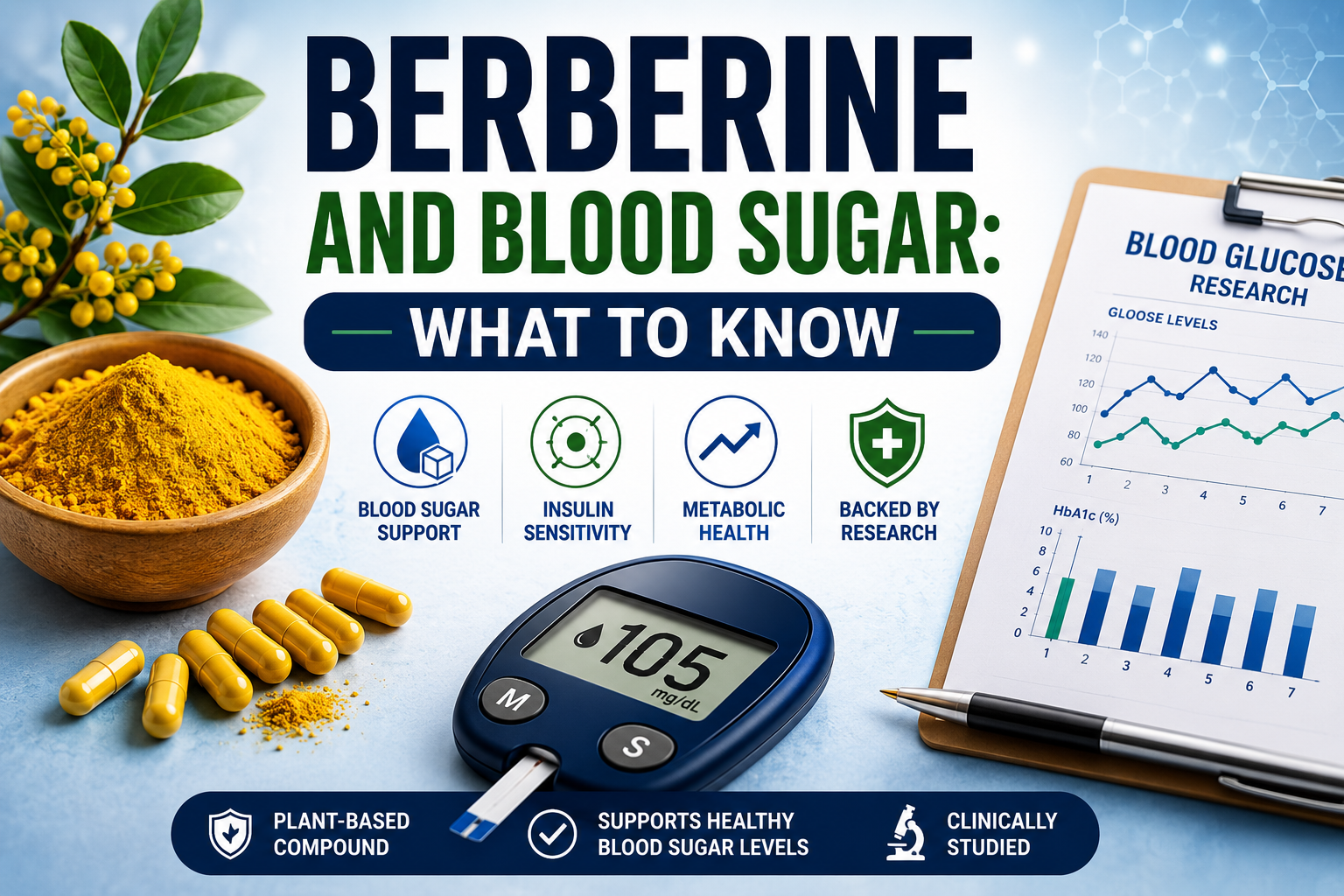 Berberine and blood sugar research with glucose support icons