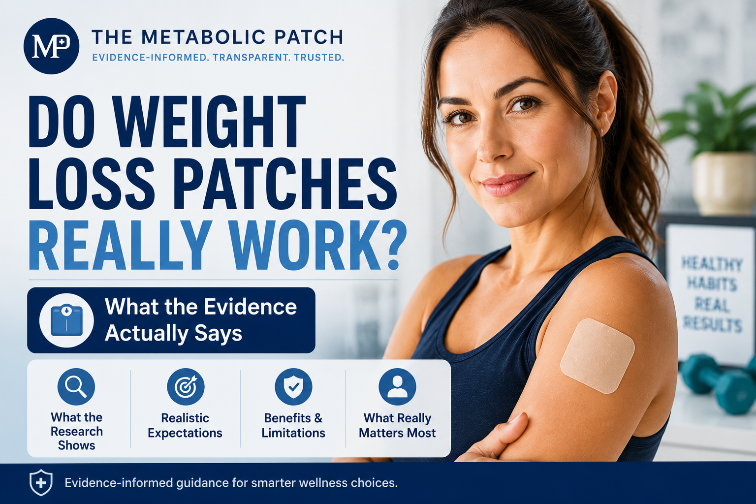 Woman wearing a metabolic patch with text discussing whether weight loss patches really work