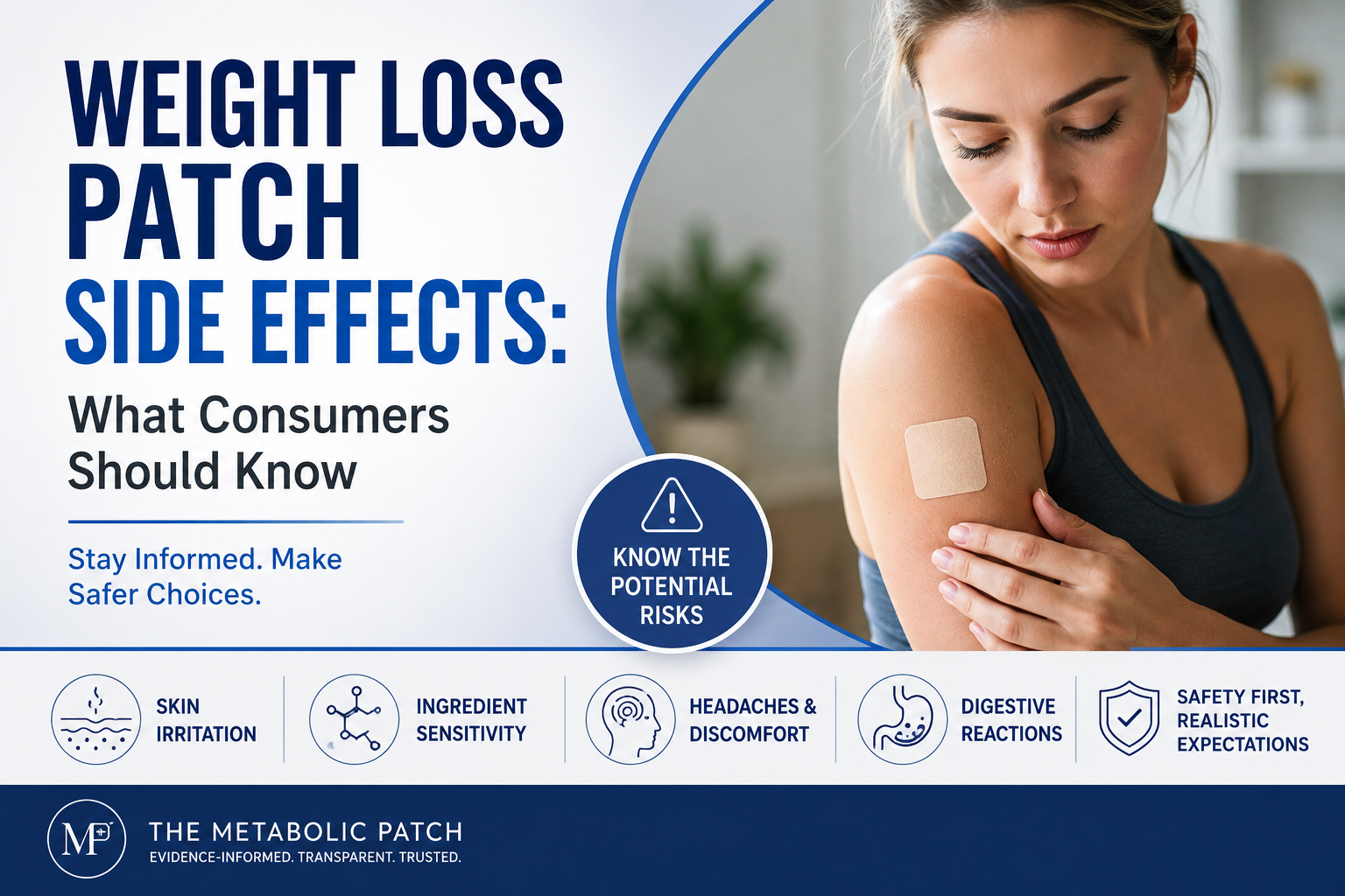 Woman examining wearable weight loss patch while researching side effects and patch safety