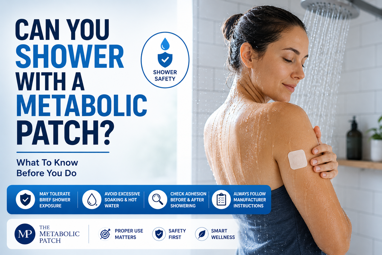 Person showering while wearing a metabolic patch with water-resistant and patch safety concepts illustrated