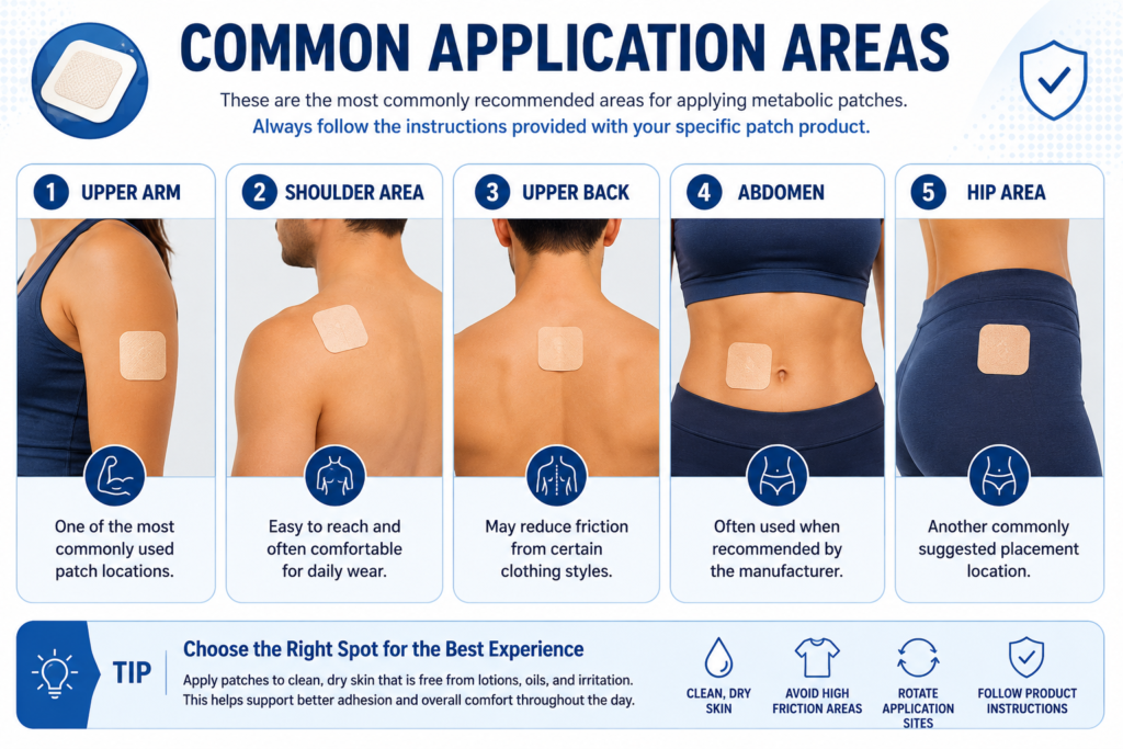 Infographic showing common metabolic patch placement areas including upper arm, shoulder area, upper back, abdomen, and hip area
