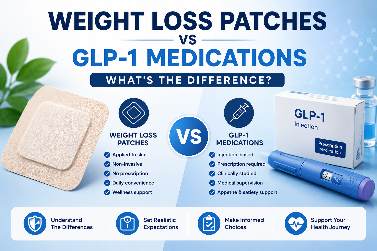 Weight loss patches vs GLP-1 medications comparison with patch, injection pen, and wellness icons