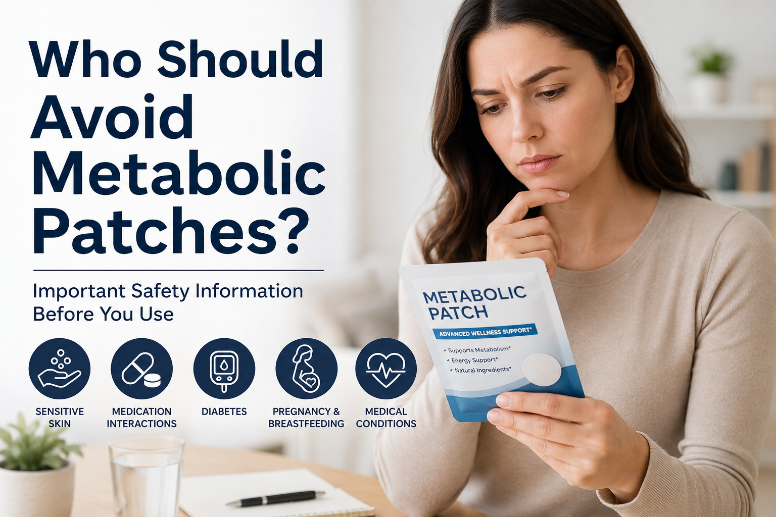 Woman reviewing metabolic patch safety information before deciding whether patch-based supplements are suitable for her.