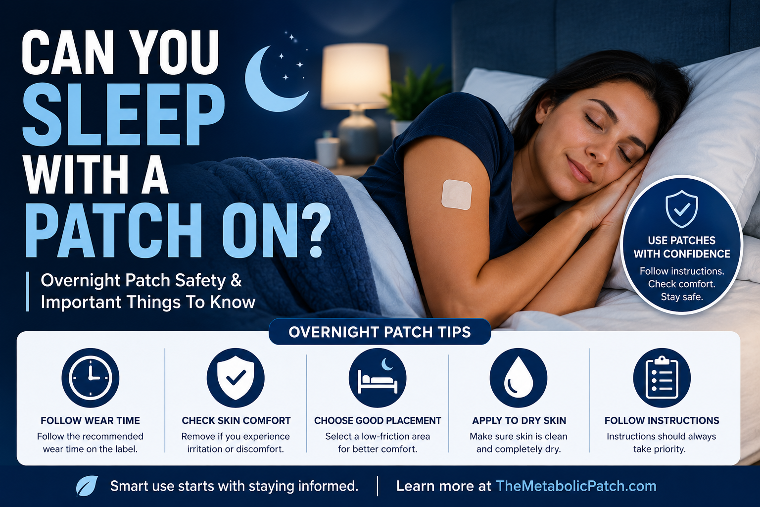 Person sleeping with a metabolic patch on upper arm with overnight patch safety icons