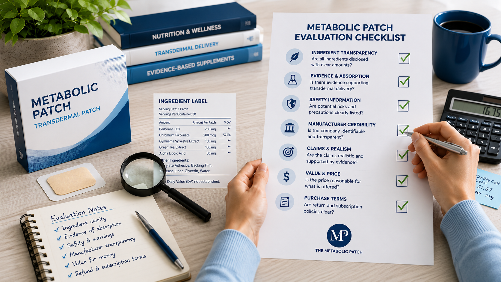 Consumer reviewing a metabolic patch ingredient label and evaluation checklist before buying