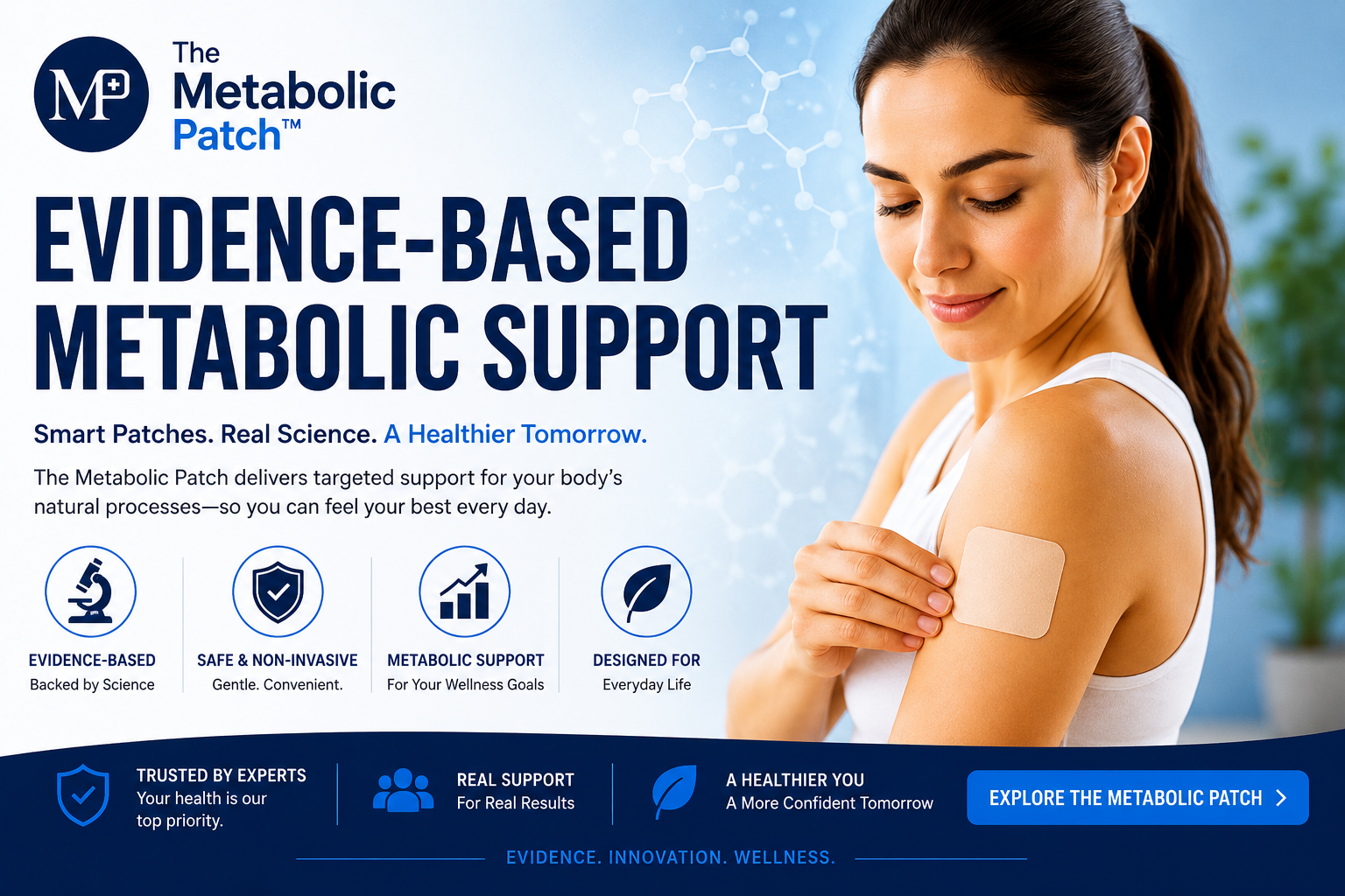 Evidence-informed homepage for The Metabolic Patch featuring guides, metabolic patch education, product reviews, safety information and transdermal supplement resources.