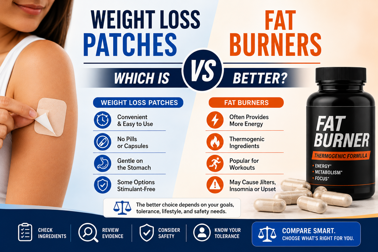 Comparison graphic showing weight loss patches versus fat burner supplements with patch, capsule, and safety icons